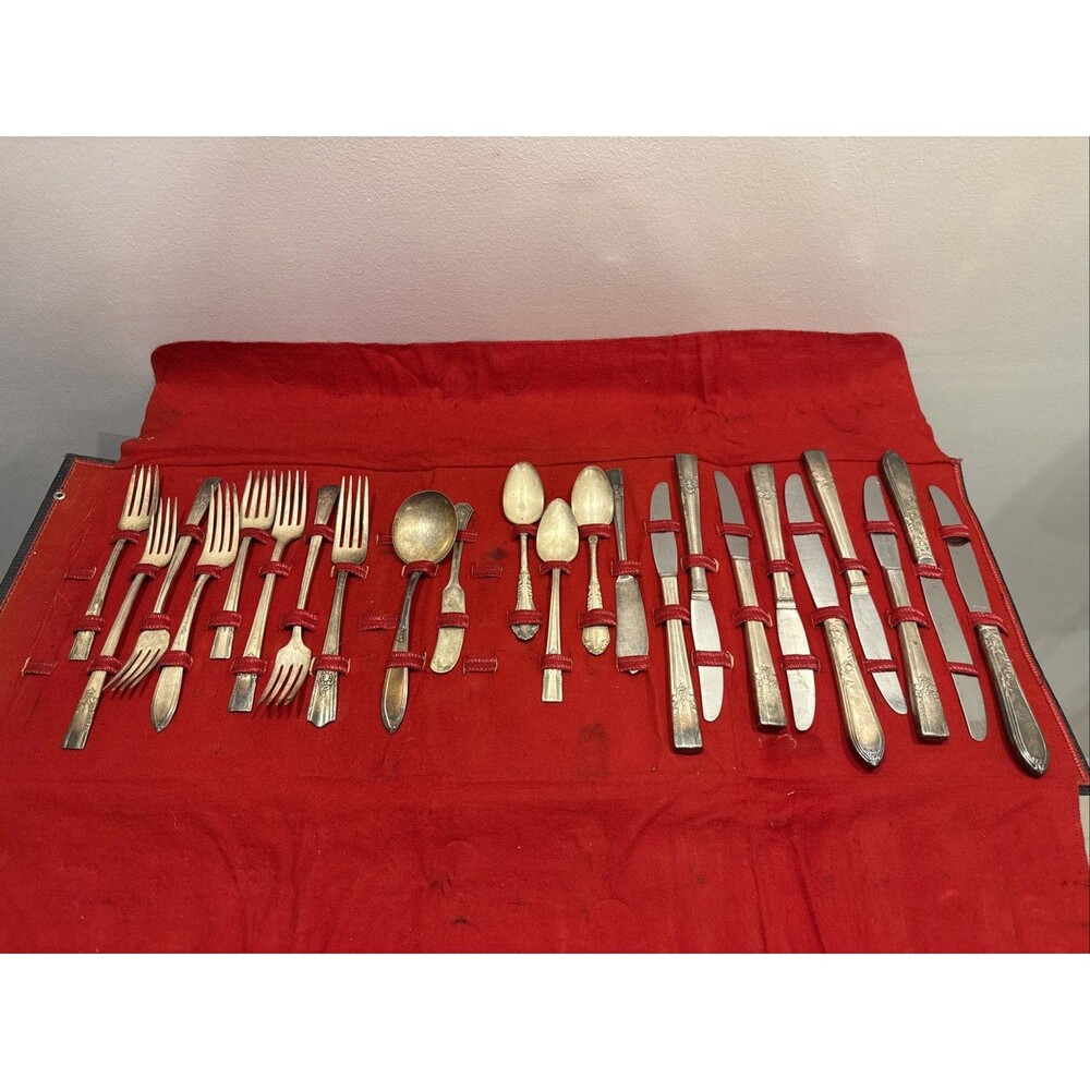 W.M. Rogers 23 Piece Silverware Set Serving W/ Folding Case Mixed Patterns AA